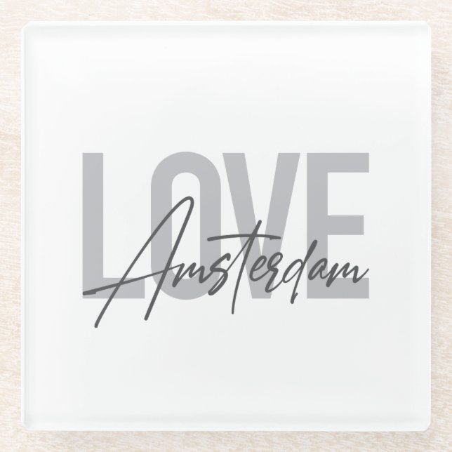 Modern, simple, chic, cool design Love Amsterdam Glass Coaster (Front)