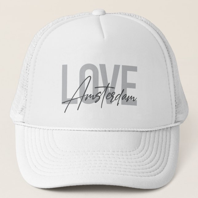 Modern, simple, chic, cool design Love Amsterdam Trucker Hat (Front)