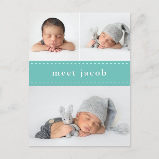 Modern Simple Chic Cute Stitch Photo Baby Birth Announcement Postcard (Front)