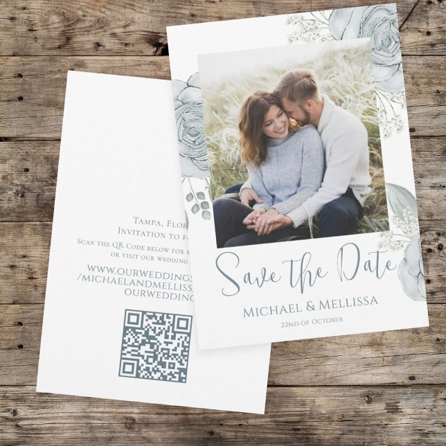 Modern Simple Chic Dusty Blue Floral Photo QR Code Save The Date (Creator Uploaded)