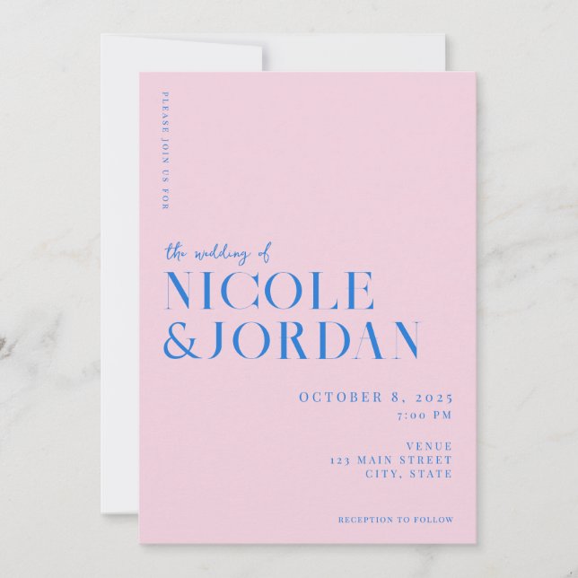 Modern Simple Chic Pink Blue Wedding Invitation (Front)