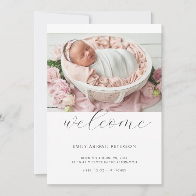 Modern Simple Chic Welcome Baby Girl Boy Photo Announcement (Front)