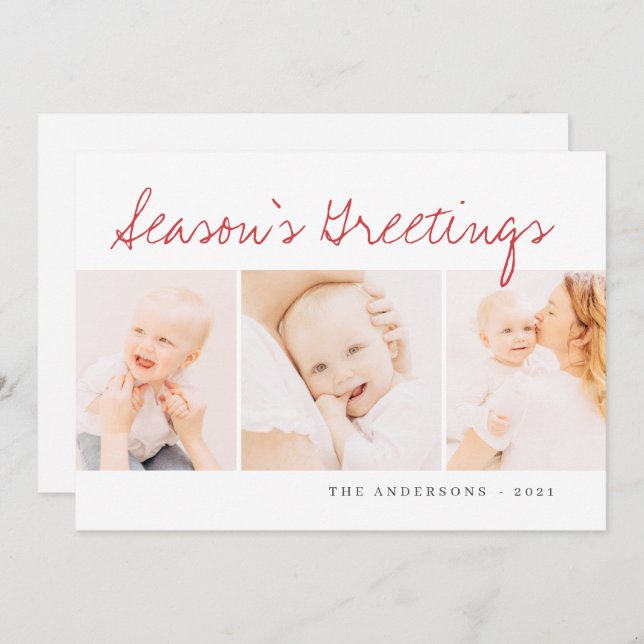 Modern Simple Christmas Greeting Three Photo Holiday Card (Front/Back)