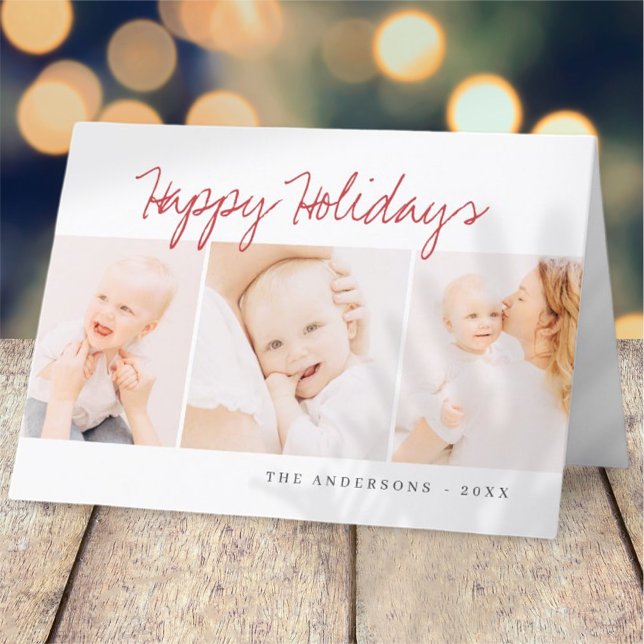 Modern Simple Christmas Greeting Three Photo Holiday Card (Creator Uploaded)