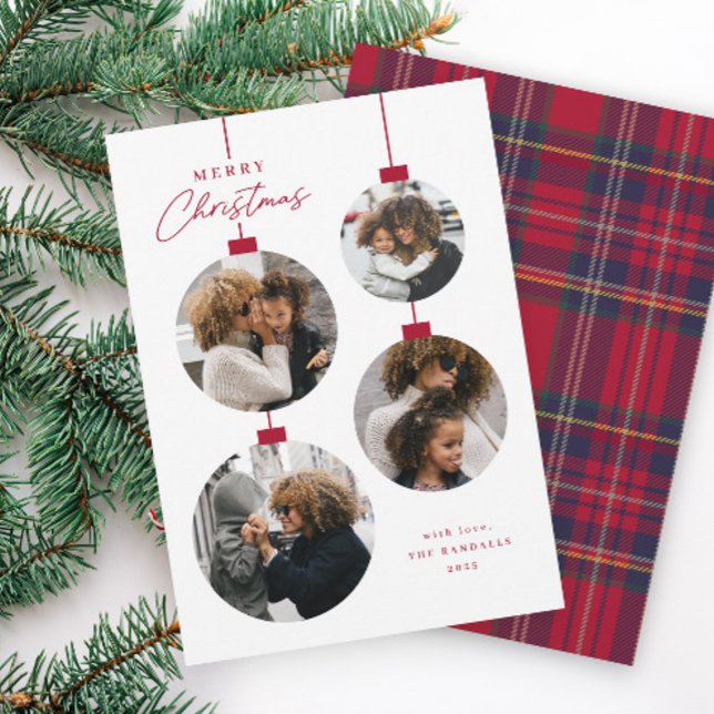 Modern Simple Christmas Ornament 4 Photo Holiday Card (Modern Christmas Ornaments 4 Photo Collage Holiday Cards.)