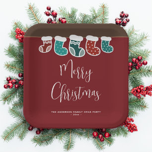 Modern Simple Christmas Stockings Holiday Party Paper Plate