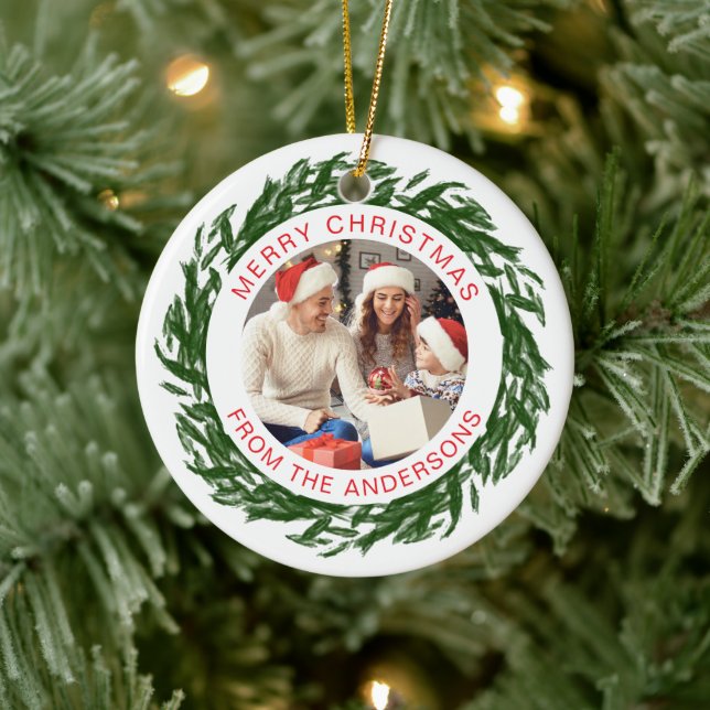 Modern Simple Christmas Wreath Family Photo Ceramic Ornament (Tree)