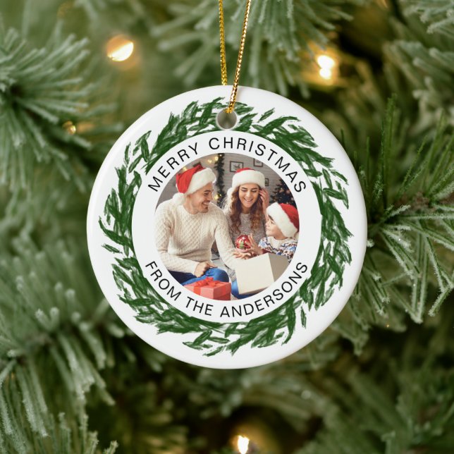 Modern Simple Christmas Wreath Family Photo Ceramic Ornament (Tree)