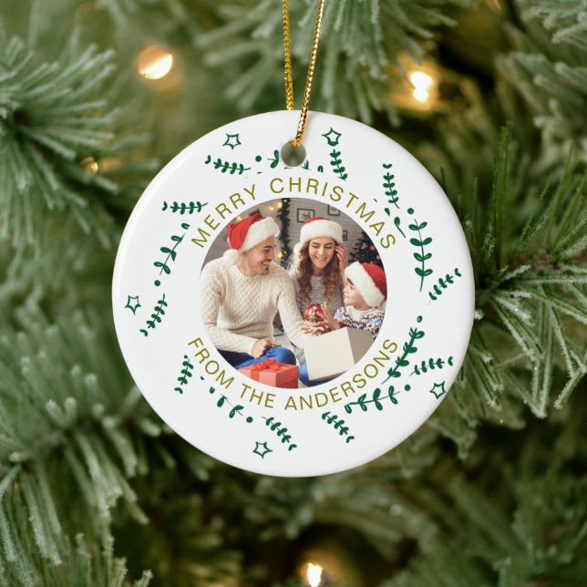 Modern Simple Christmas Wreath Family Photo Ceramic Ornament (Tree)