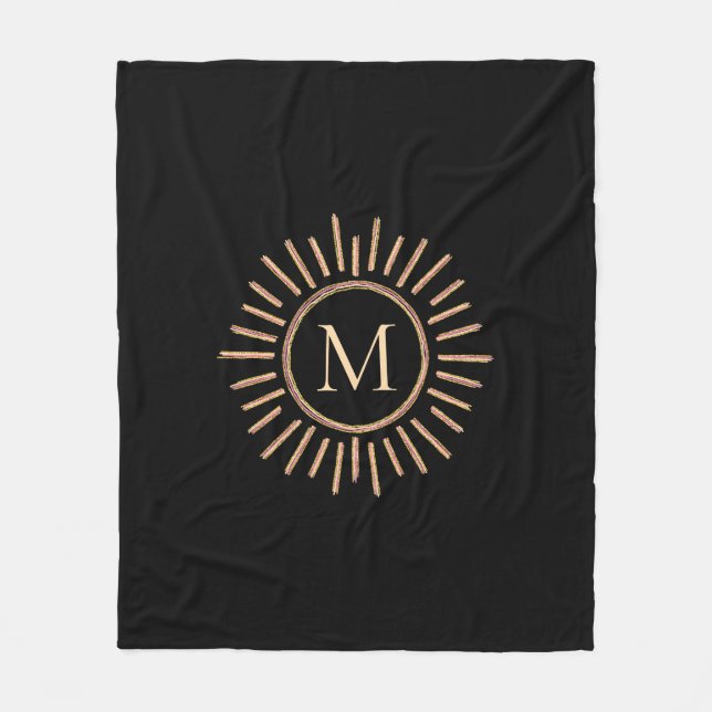 Modern Simple Colourful Monogram Black Gold Fleece Blanket (Front)