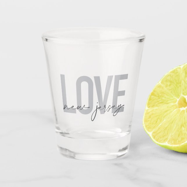 Modern, simple, cool, urban design Love New Jersey Shot Glass (Front)