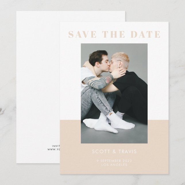 Modern Simple Cream Beige Colour Block Wedding Save The Date (Front/Back)