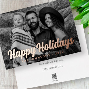 Modern Simple Cursive Script Greeting Family Photo Foil Holiday Card