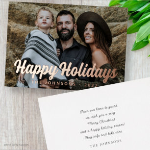 Modern Simple Cursive Script Greeting Family Photo Foil Holiday Card