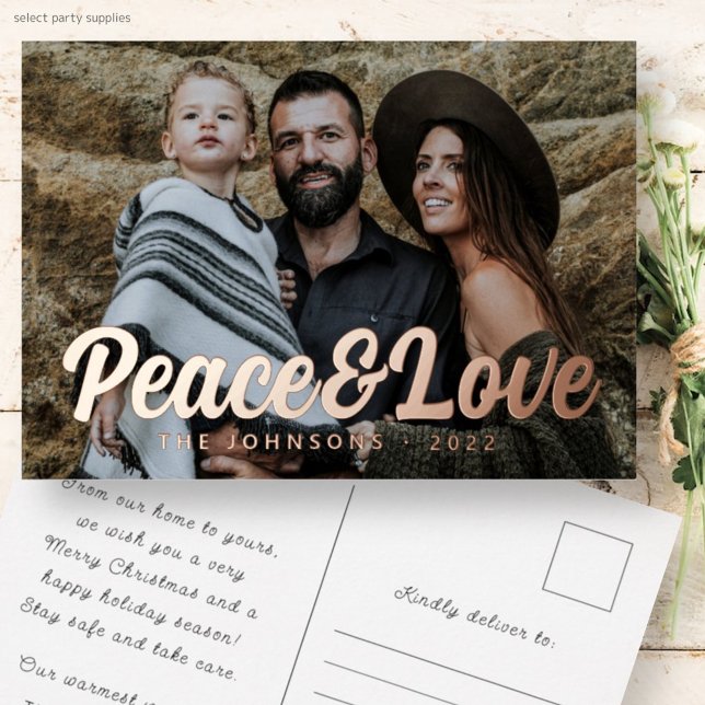 Modern Simple Cursive Script Greeting Family Photo Foil Holiday Postcard (Creator Uploaded)