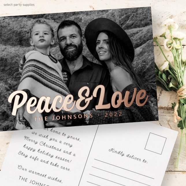 Modern Simple Cursive Script Greeting Family Photo Foil Holiday Postcard (Creator Uploaded)