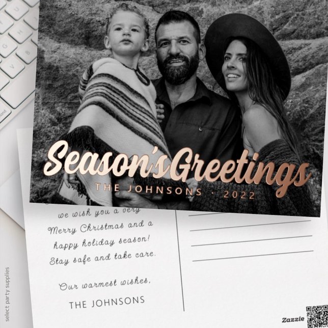 Modern Simple Cursive Script Greeting Family Photo Foil Holiday Postcard (Creator Uploaded)