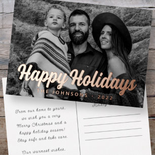 Modern Simple Cursive Script Greeting Family Photo Foil Holiday Postcard