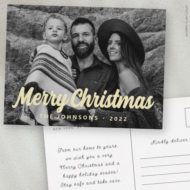 Modern Simple Cursive Script Greeting Family Photo Holiday Postcard (Creator Uploaded)