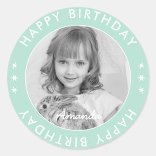 Modern Simple Cute Kids Green Happy Birthday Photo Classic Round Sticker