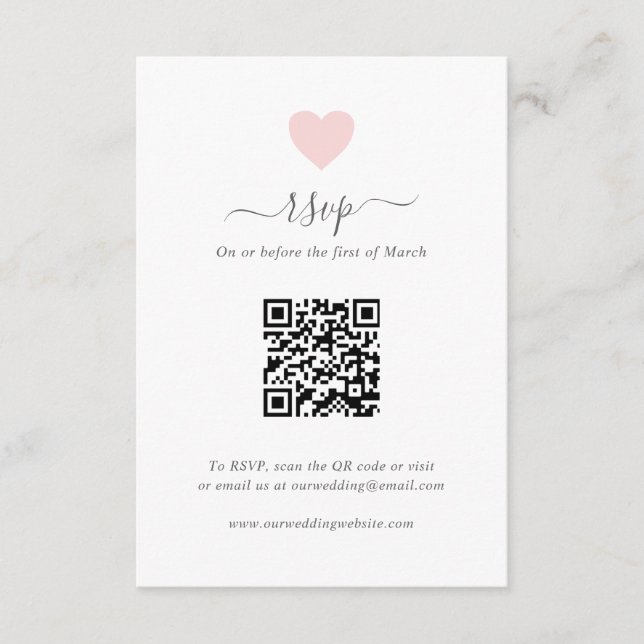 Modern Simple Cute Pink Heart QR Code Wedding RSVP Card (Front)