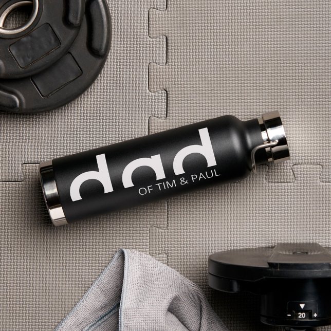 Modern Simple Dad Design with Kids Children Names Water Bottle (Modern Minimalist Dad Typography Design Water Bottle)