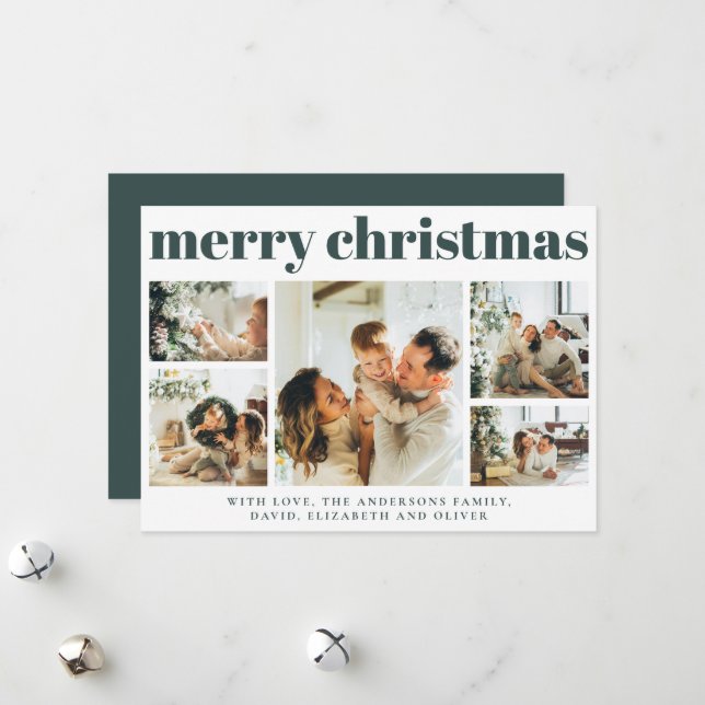Modern Simple Dark Green Photo Collage Christmas Holiday Card (Front/Back In Situ)