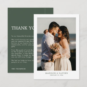Modern Simple Dark Green with Photo Wedding Thank You Card
