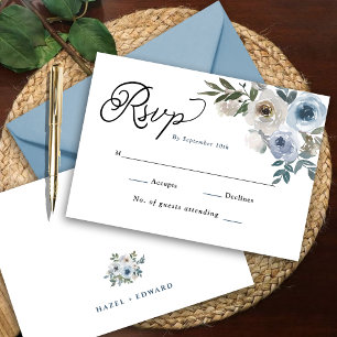 Modern Simple Dusty Blue Floral Wedding RSVP Card