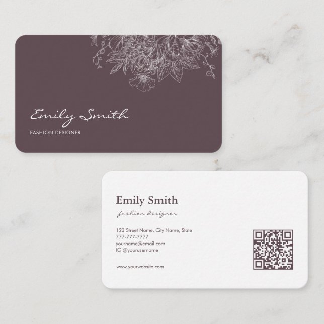 Modern Simple Dusty Violet Flower Line Art QRCode  Business Card (Front/Back)