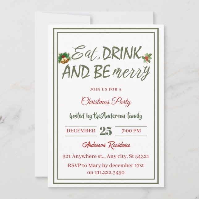 Modern simple Eat Drink Be Merry Christmas Party Invitation (Front)