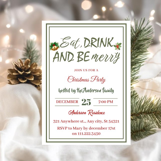 Modern simple Eat Drink Be Merry Christmas Party Invitation (Creator Uploaded)