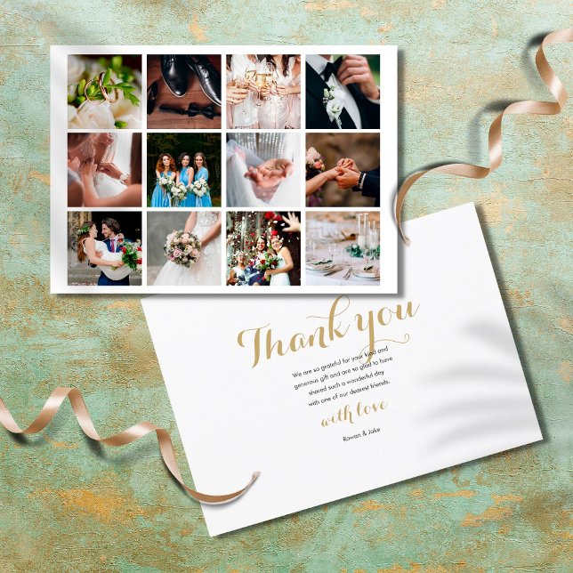Modern Simple Elegant 12 Photo Collage Wedding Thank You Card (Creator Uploaded)