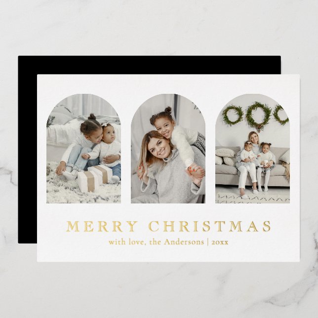 Modern Simple Elegant Arch Photo Collage Christmas Foil Holiday Card (Front/Back)