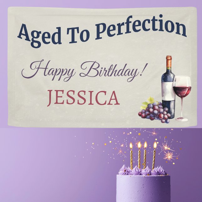 Modern Simple Elegant Banner (Wine themed ‘Aged to Perfection’ birthday banner with watercolor grapes, wine glass & bottle.)