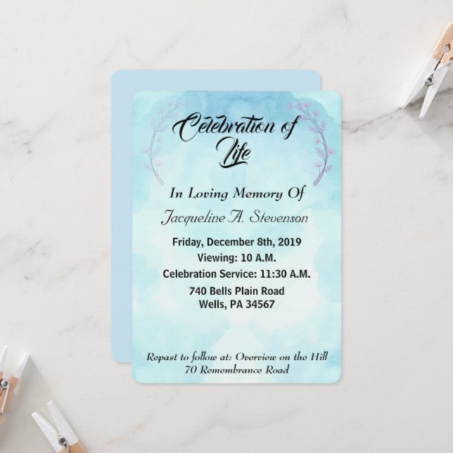 Modern Simple Elegant Celebration of Life  Invitation (Front/Back In Situ)