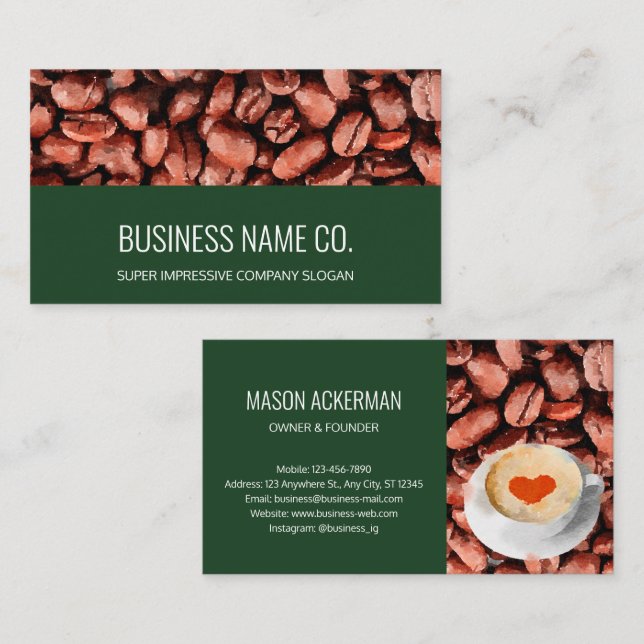 Modern, Simple & Elegant Coffee Bean Cafe on Green Business Card (Front/Back)