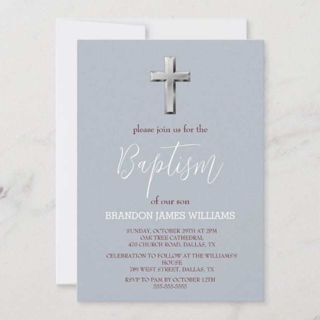 Modern Simple Elegant Dusty Blue Cross Baptism  Invitation (Front)