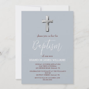Modern Simple Elegant Dusty Blue Cross Baptism  Invitation