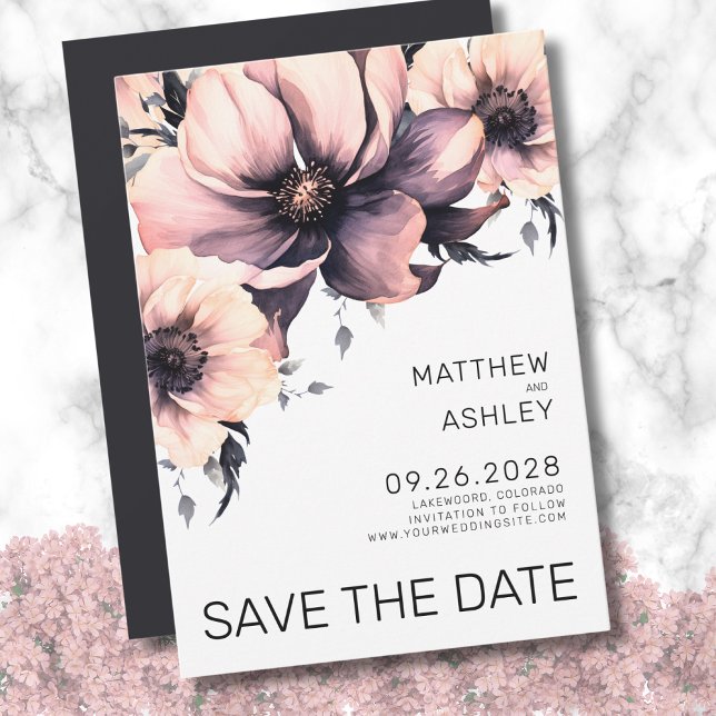 Modern Simple Elegant Pink Floral Wedding Save The Date (Simple Elegant Floral Pink Black White Wedding Save the Date)
