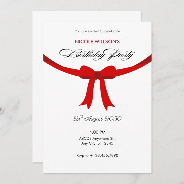 Modern Simple elegant red ribbon bow birthday  Invitation (Front/Back)