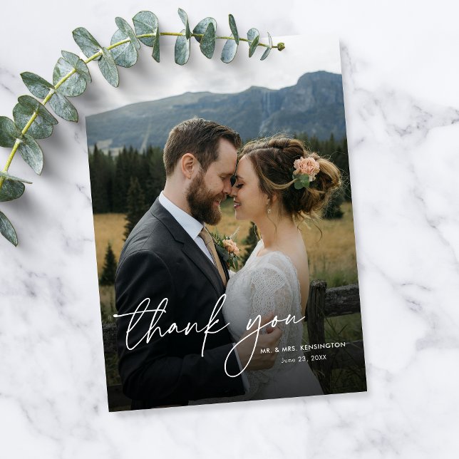 Modern Simple Elegant Script 2 Photos Wedding Thank You Card (Creator Uploaded)
