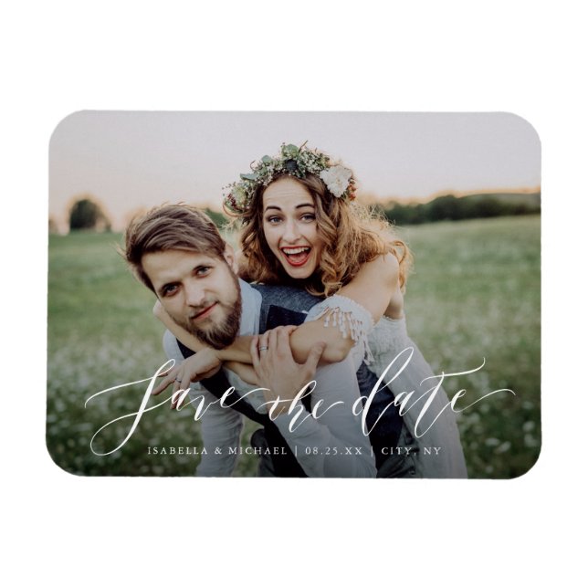 Modern simple elegant script photo save the date magnet (Horizontal)