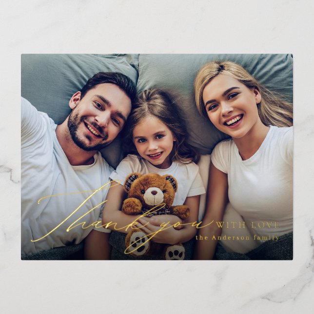 Modern simple elegant script photo thank you foil holiday postcard (Front)