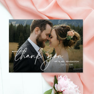 Modern Simple Elegant Script Two Photo Wedding Thank You Card