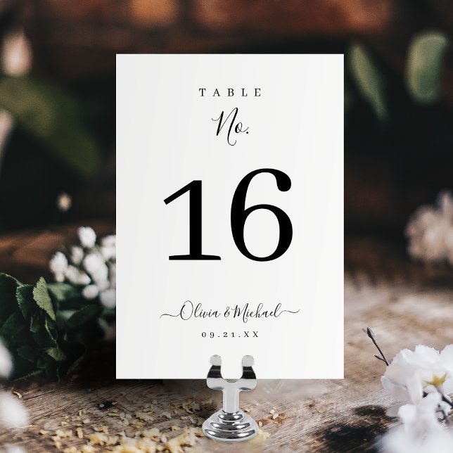 Modern simple elegant script wedding table number (Modern simple elegant script wedding table number card)