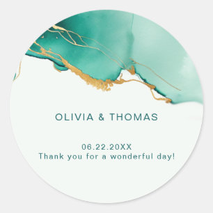 Modern Simple Emerald Gold Beach Wedding Thank You Classic Round Sticker