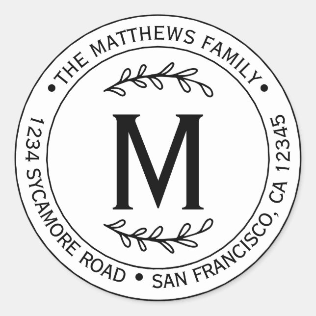 Modern Simple Family Name Monogram Classic Round Sticker (Front)