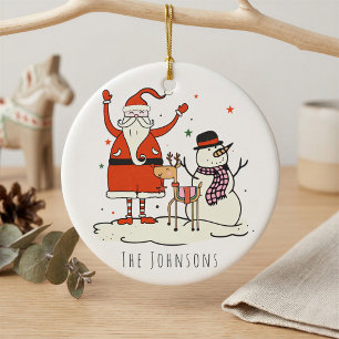 Modern Simple Family Name Santa Snowman Christmas Ceramic Ornament