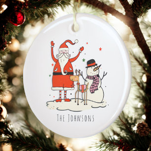 Modern Simple Family Name Santa Snowman Christmas Ceramic Ornament